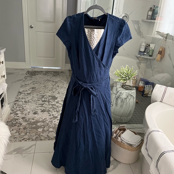 Polo Ralph Lauren 100 percent linen midi dress navy blue size 14 and a 4 new - Picture 3 of 17